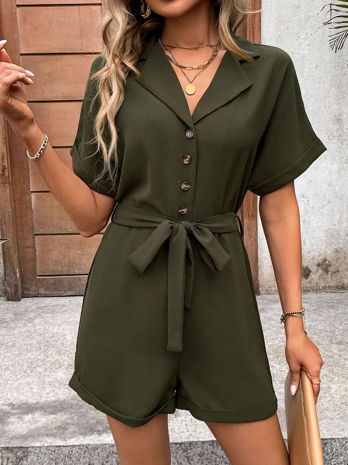 Half Button Tie Waist Short Sleeve Romper Sunset and Swim   