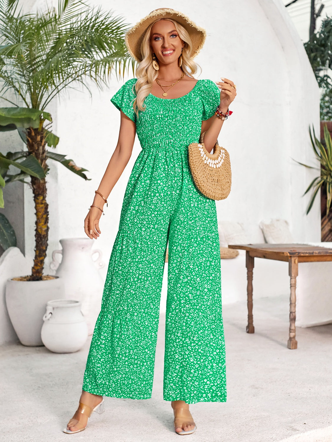 Sunset and Swim  Smocked Printed Short Sleeve Jumpsuit Sunset and Swim Mid Green S 