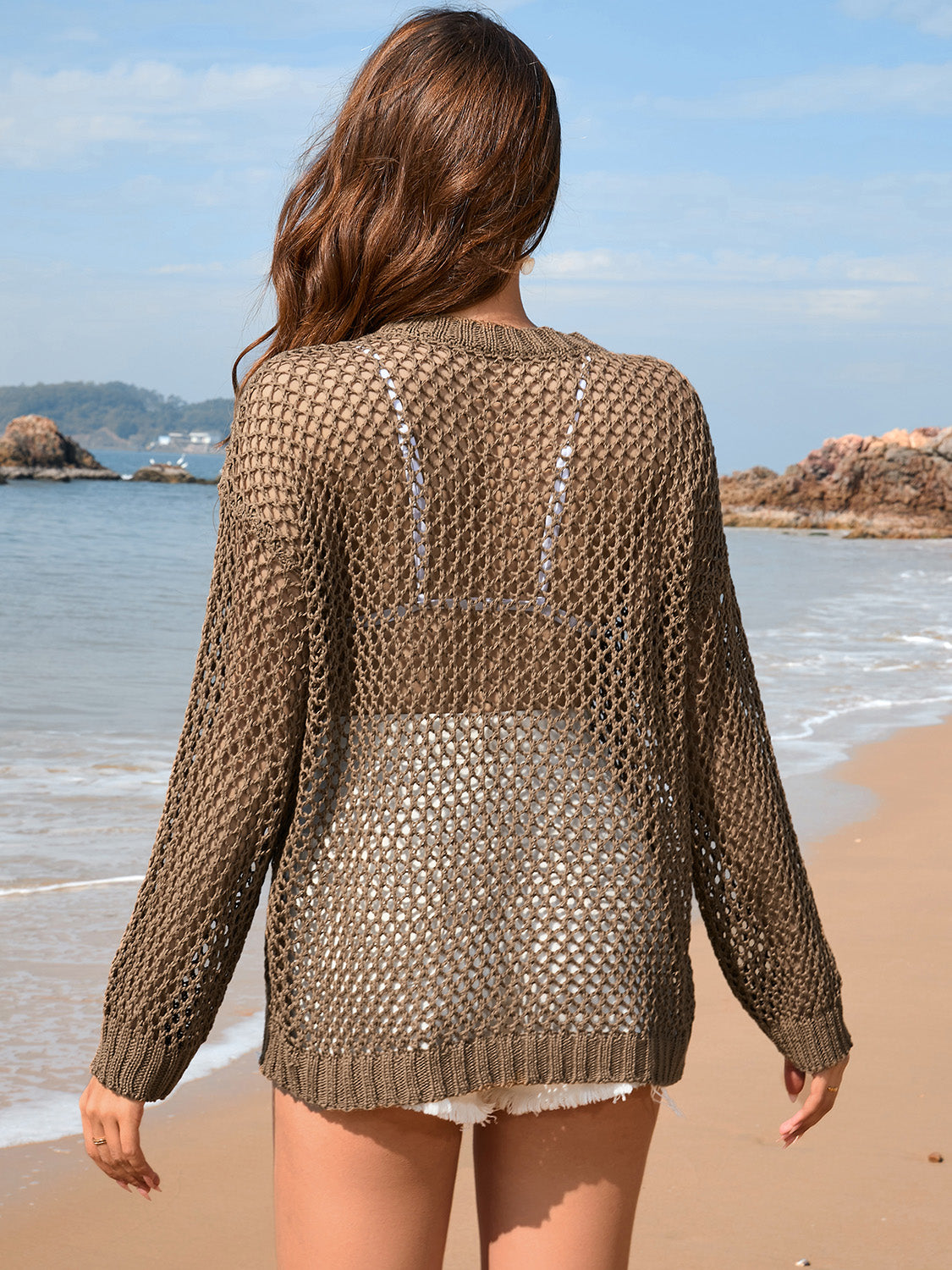 Sunset Vacation  Heart Openwork Long Sleeve Cover-Up Sunset and Swim   