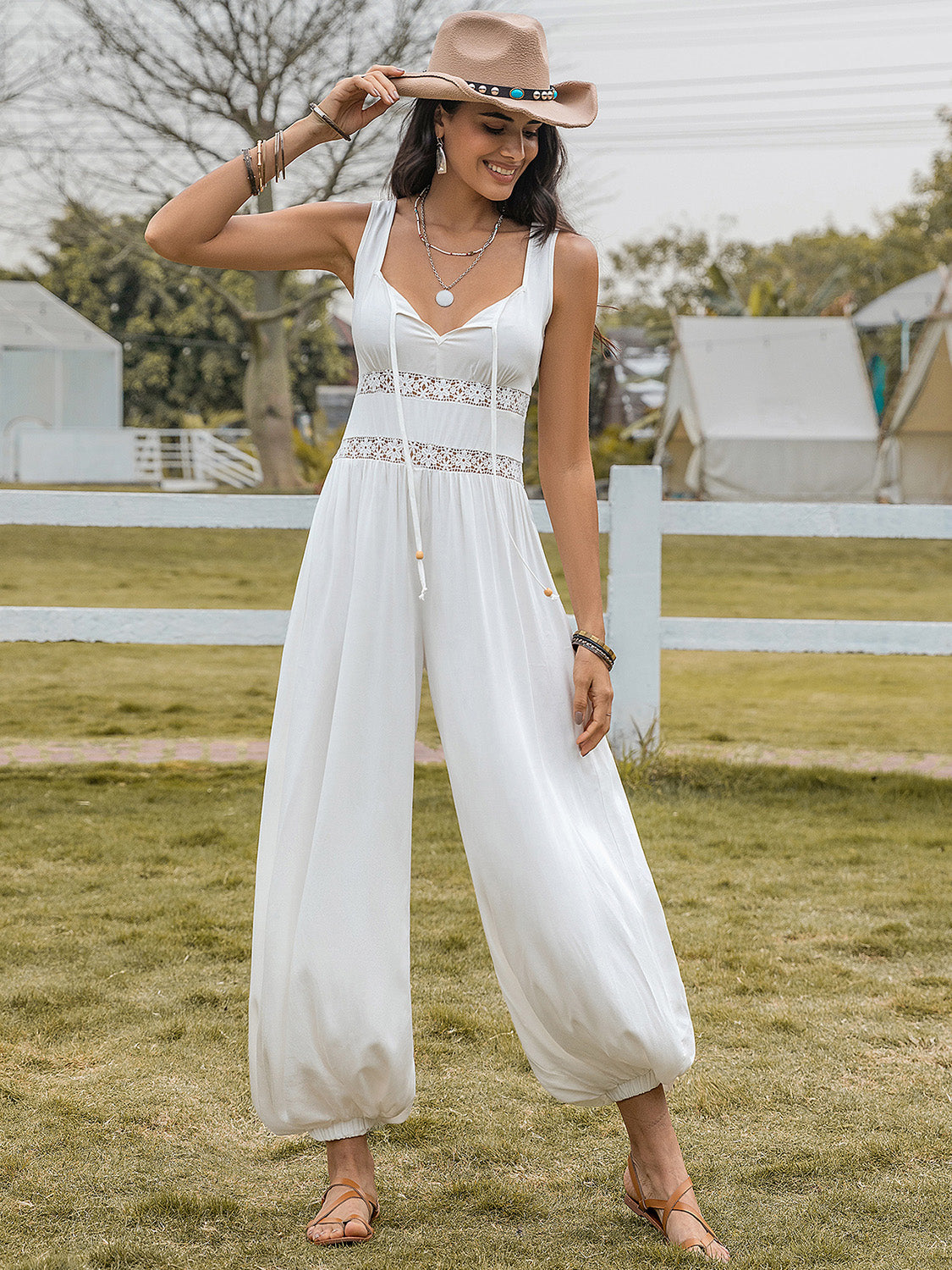 Backless Wide Strap Wide Leg Jumpsuit Sunset and Swim White S 