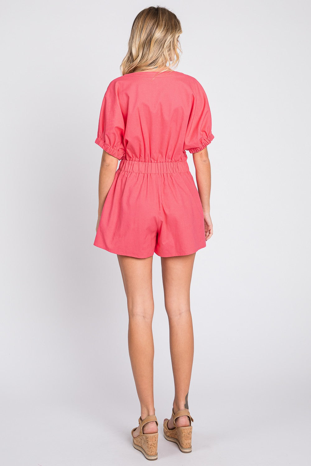 Sunset and Swim  Half Button V-Neck Linen Romper Sunset and Swim   