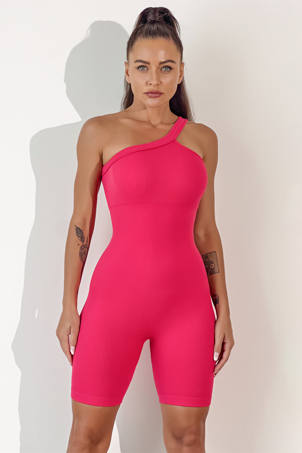 Sunset and Swim  Asymmetrical Neck Wide Strap Active Romper Sunset and Swim Hot Pink S 