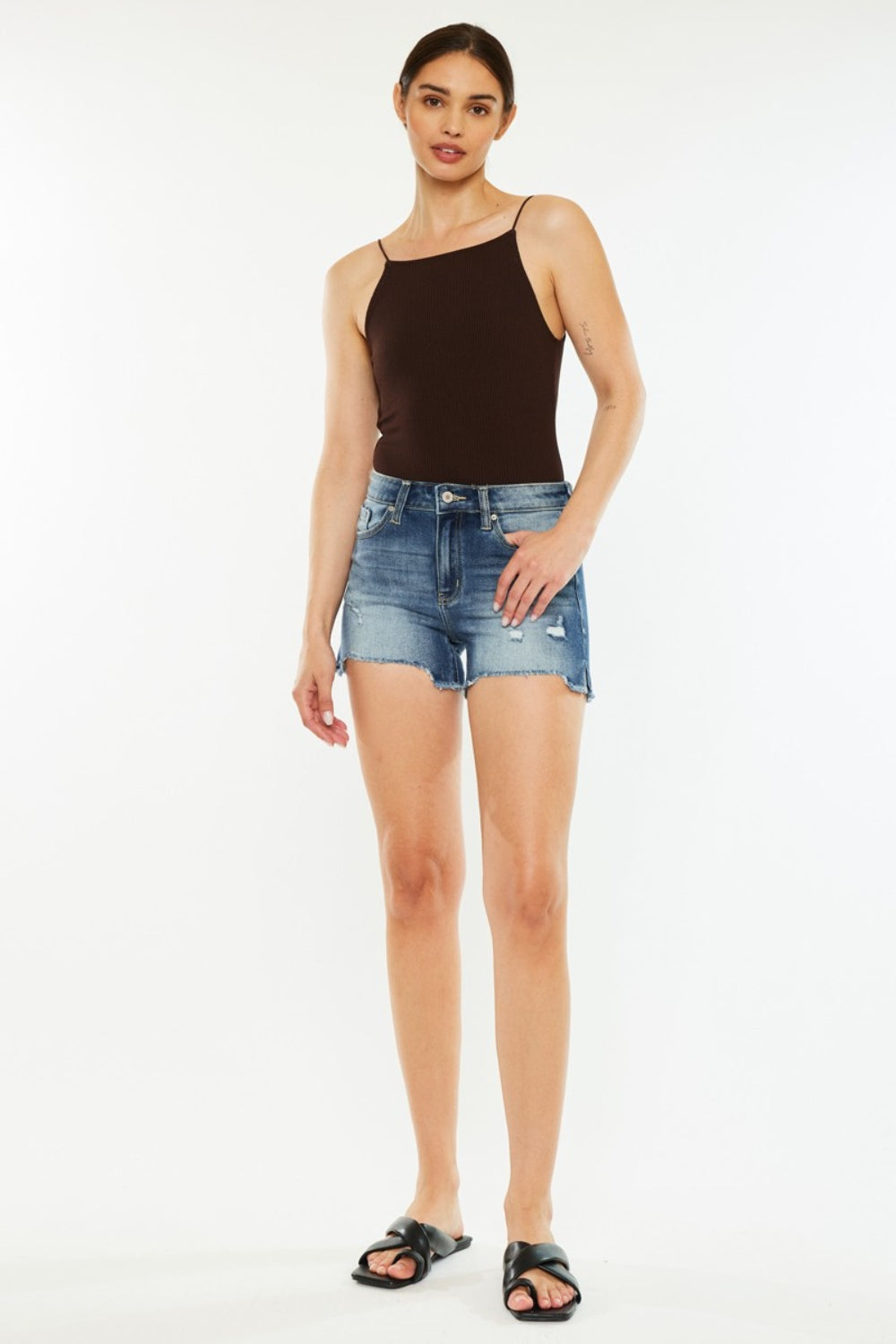 Kancan High Waist Raw Hem Denim Shorts Sunset and Swim   