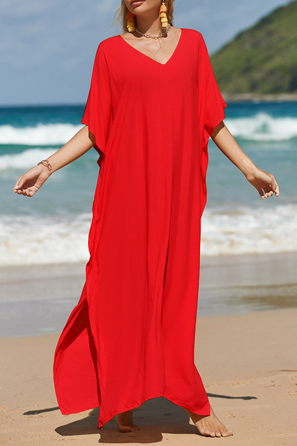 Sunset Vacation  Slit V-Neck Half Sleeve Cover-Up Sunset and Swim Red One Size 