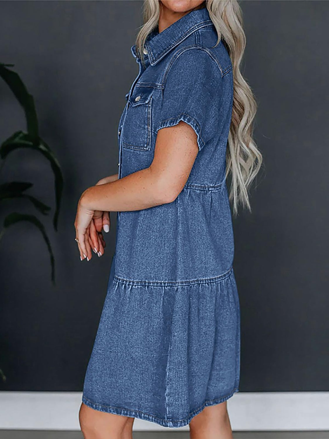 Pocketed Button Up Collared Neck Short Sleeve Denim Dress Sunset and Swim   