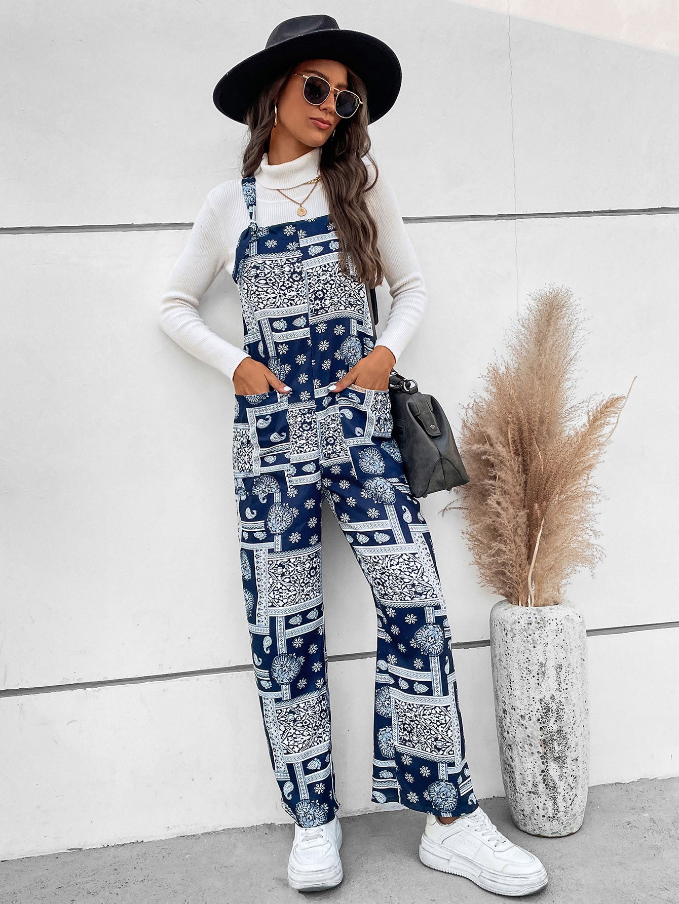 Printed Straight Leg Jumpsuit with Pockets Sunset and Swim   