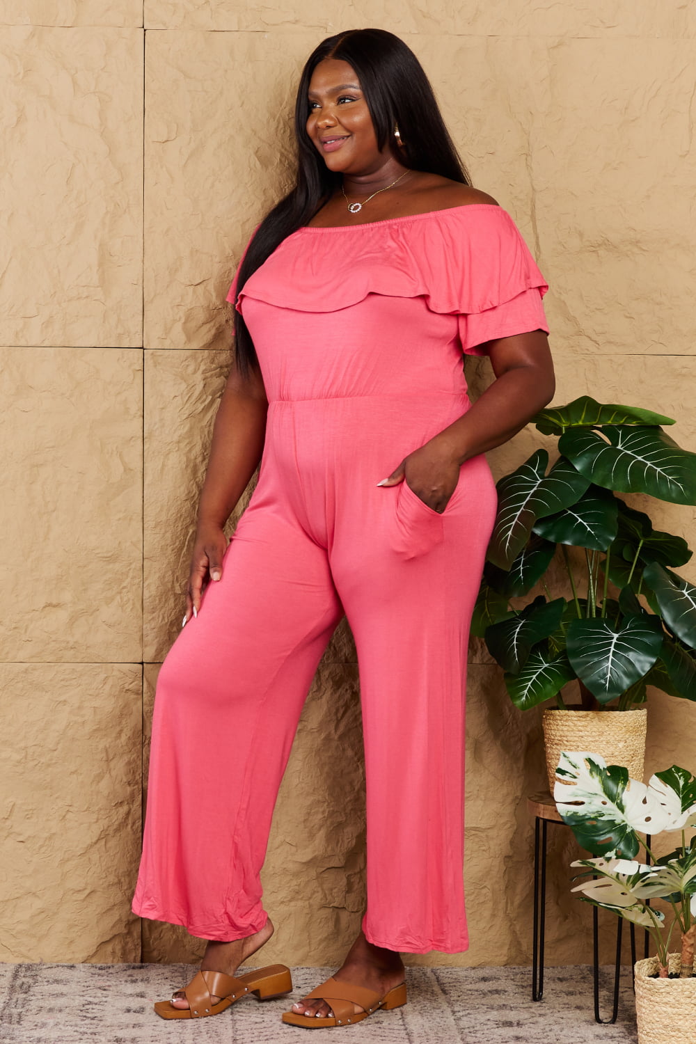 Heimish My Favorite Full Size Off-Shoulder Jumpsuit with Pockets  Sunset and Swim   