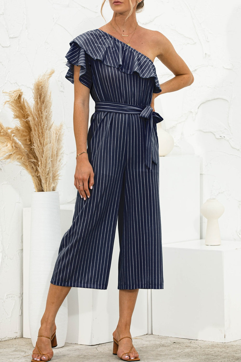 Sunset and Swim  Ruffled Single Shoulder Tie Waist Jumpsuit  Sunset and Swim Navy S 