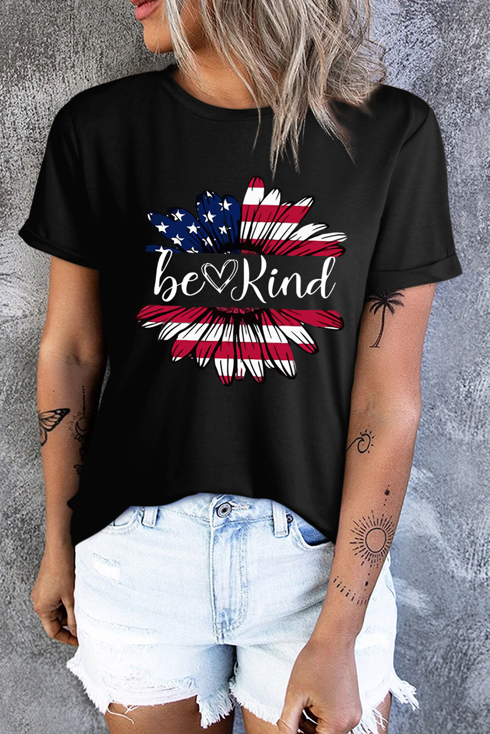 BE KIND US Flag Graphic Round Neck Tee Sunset and Swim   