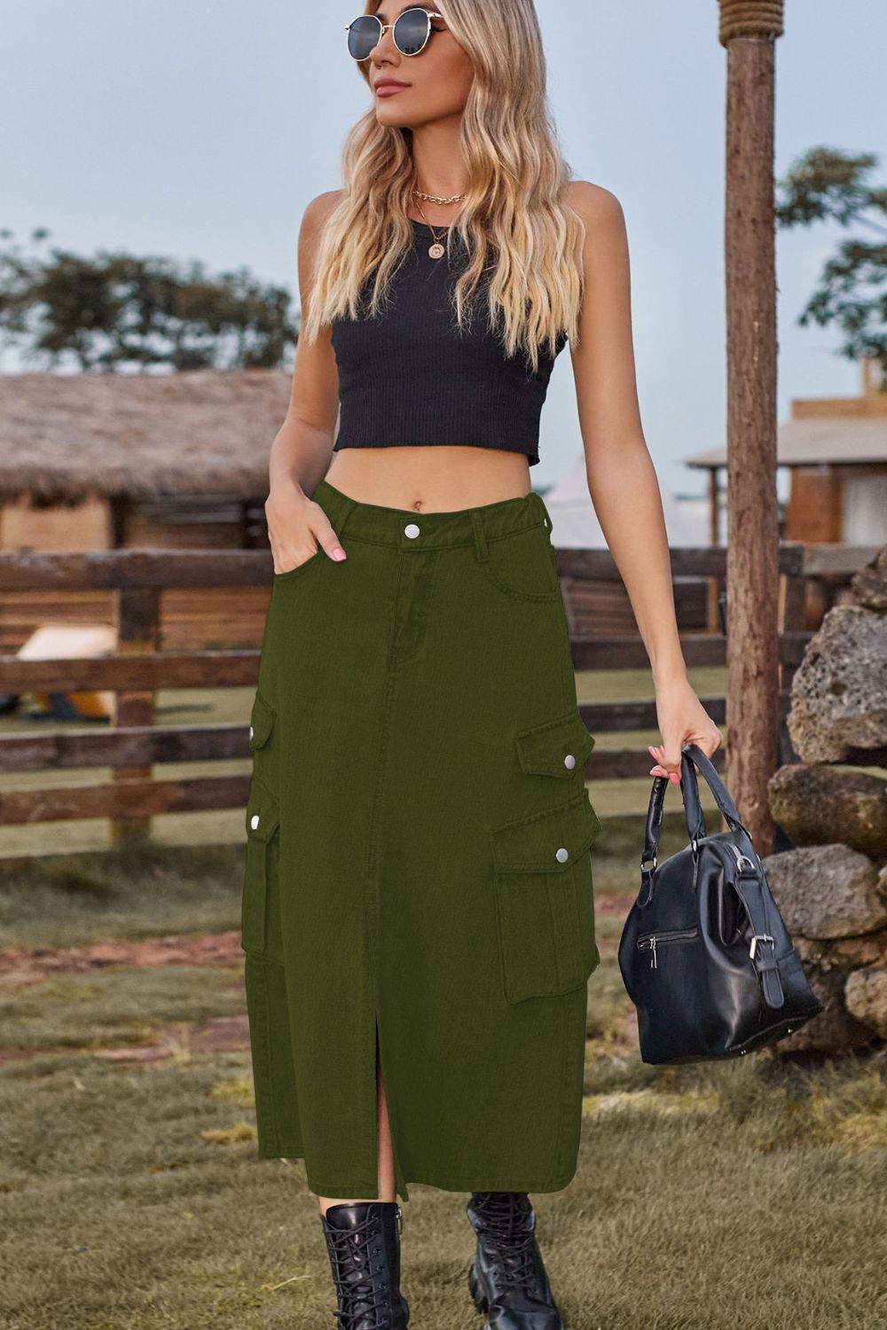 Slit Front Midi Denim Skirt with Pockets Sunset and Swim   