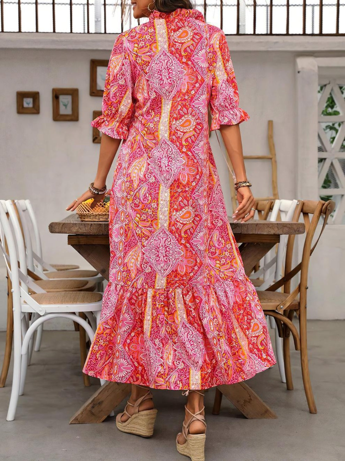 Printed Tie Neck Flounce Sleeve Midi Dress Sunset and Swim   