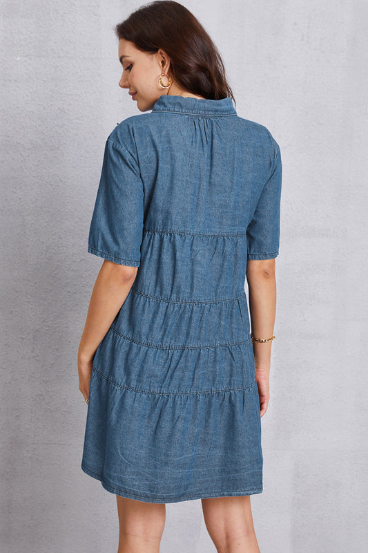 Button Up Collared Neck Tiered Denim Dress  Sunset and Swim   