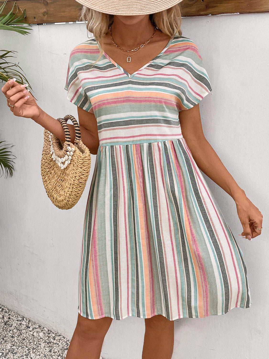 Sunset and Swim  Striped V-Neck Short Sleeve Dress Sunset and Swim   