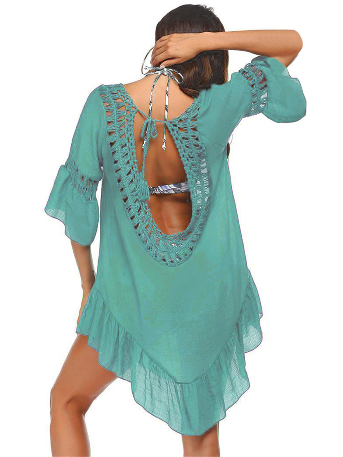 Sunset Vacation  Backless Cutout Three-Quarter Sleeve Cover Up  Sunset and Swim   