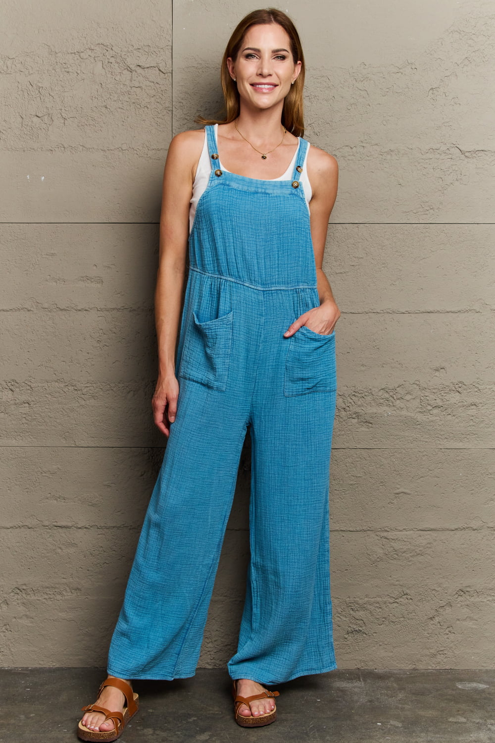 HEYSON Playful Mineral Wash Gauze Overalls Sunset and Swim Turquoise S 