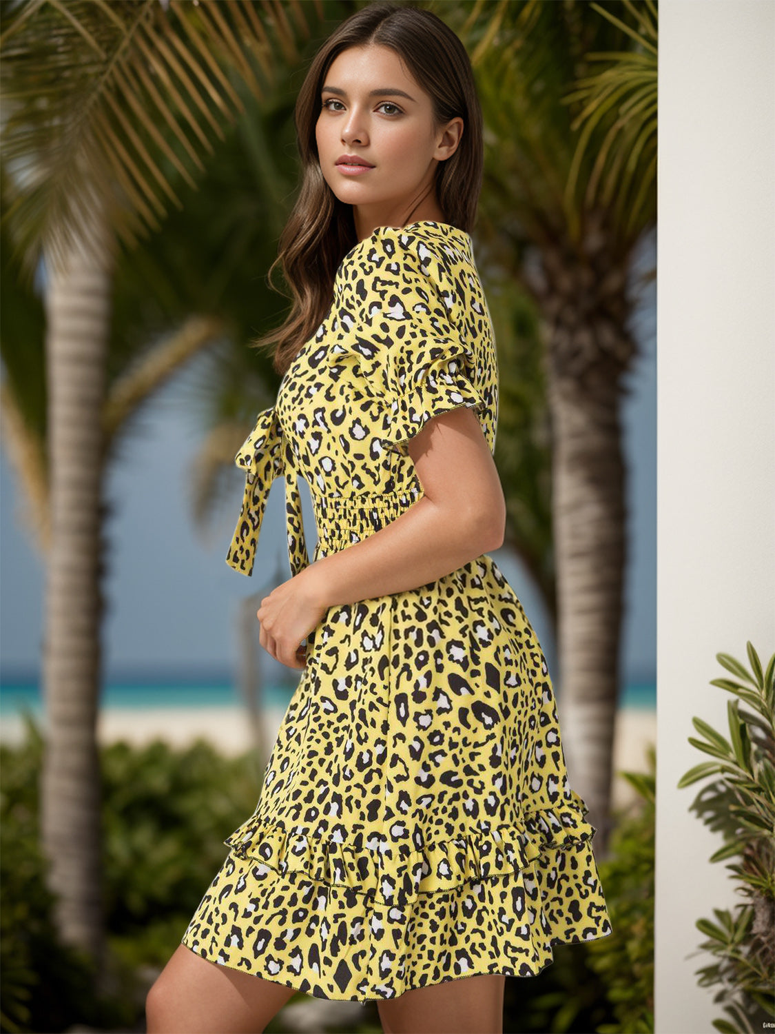 Leopard V-Neck Flounce Sleeve Mini Dress Sunset and Swim   