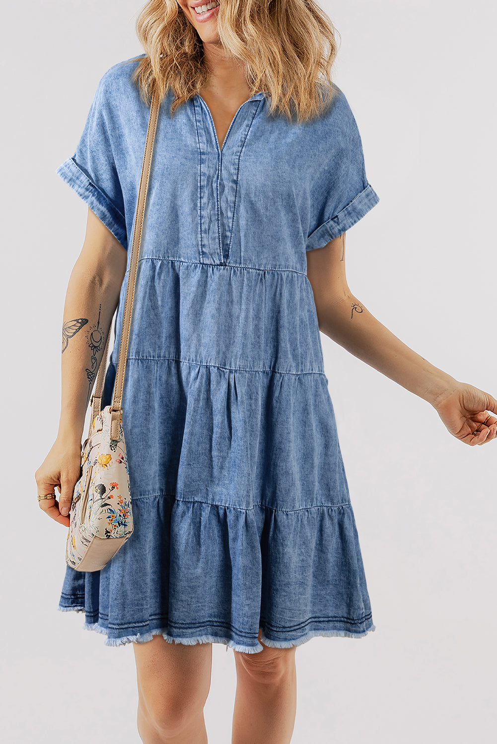 Raw Hem Collared Neck Short Sleeve Denim Dress Sunset and Swim Medium S 