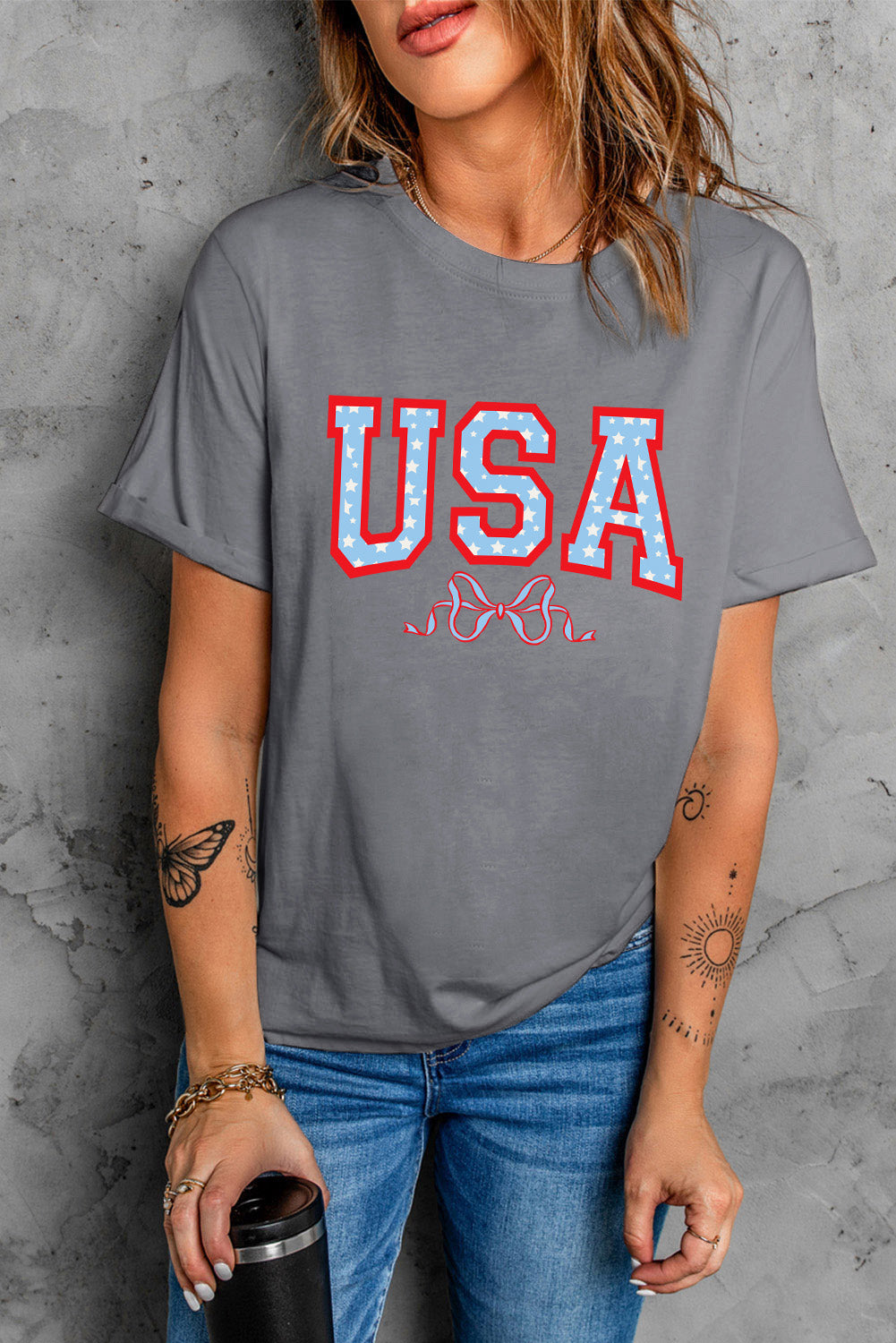 USA Round Neck Short Sleeve T-Shirt Sunset and Swim Dark Gray S 