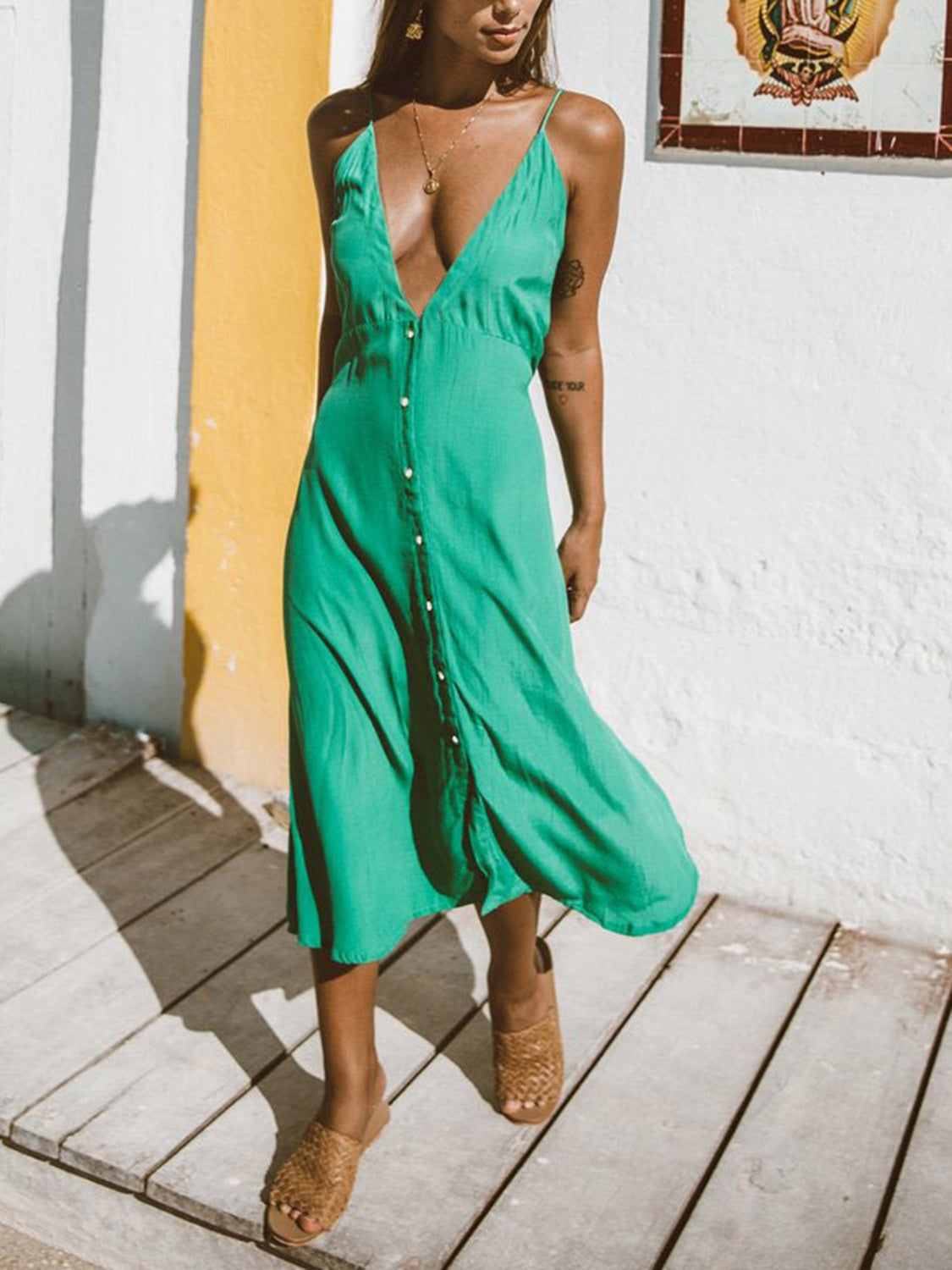 Sunset Vacation Buttoned Plunge Midi Cami Dress Sunset and Swim Green S 