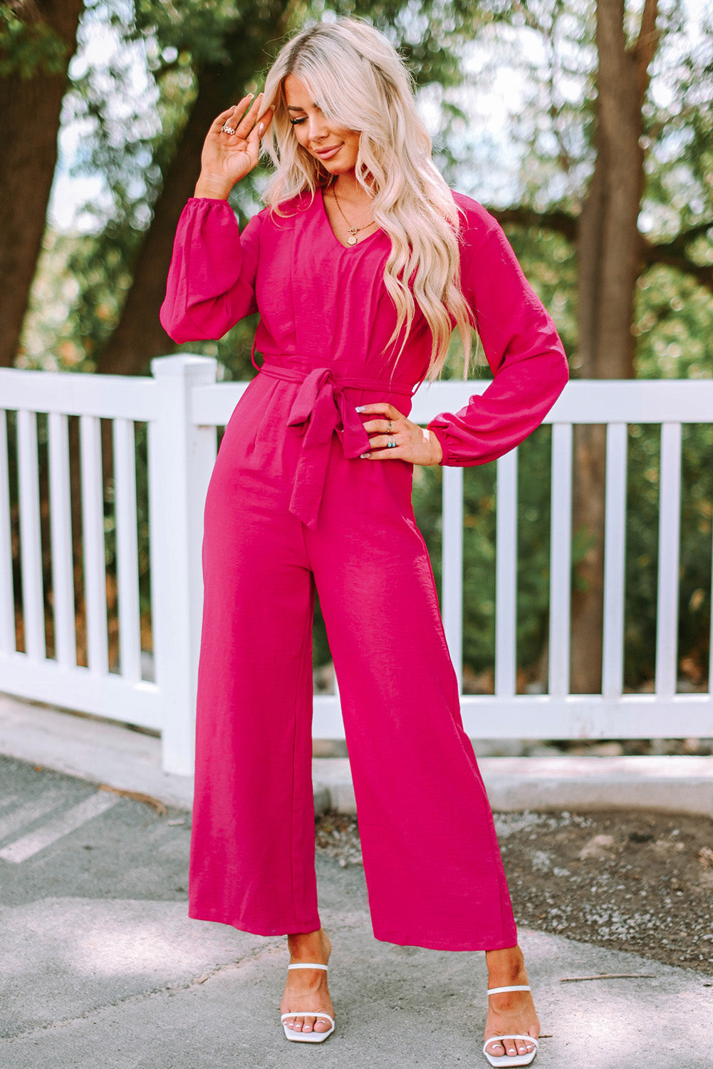 Belted V-Neck Wide Leg Jumpsuit Sunset and Swim   