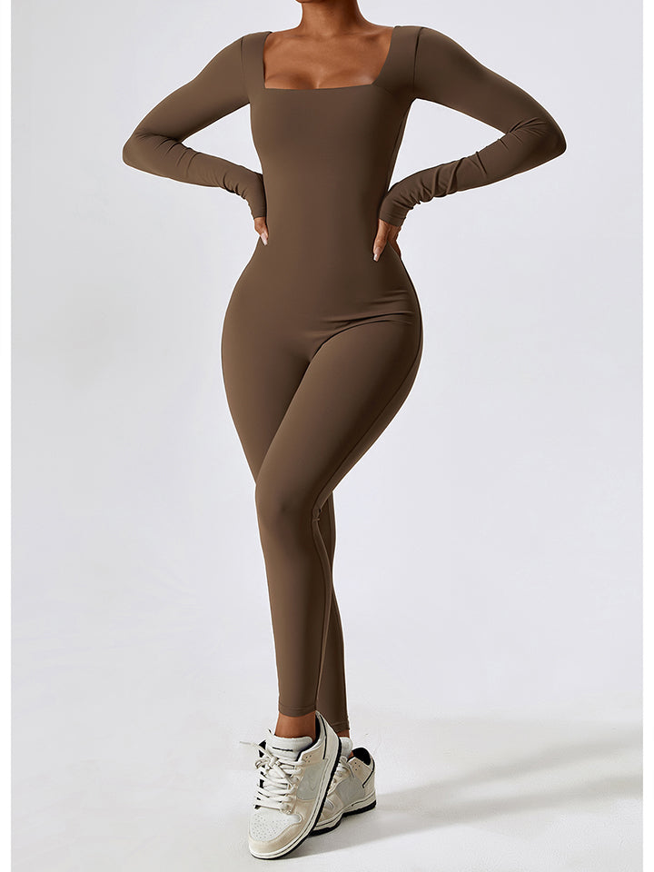 Square Neck Long Sleeve Sports Jumpsuit Sunset and Swim Brown S 