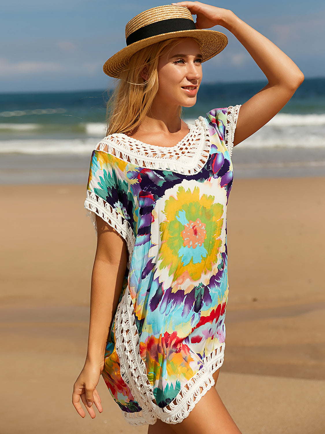 Sunset and Swim  Openwork Printed Round Neck Beach Cover Up Sunset and Swim   