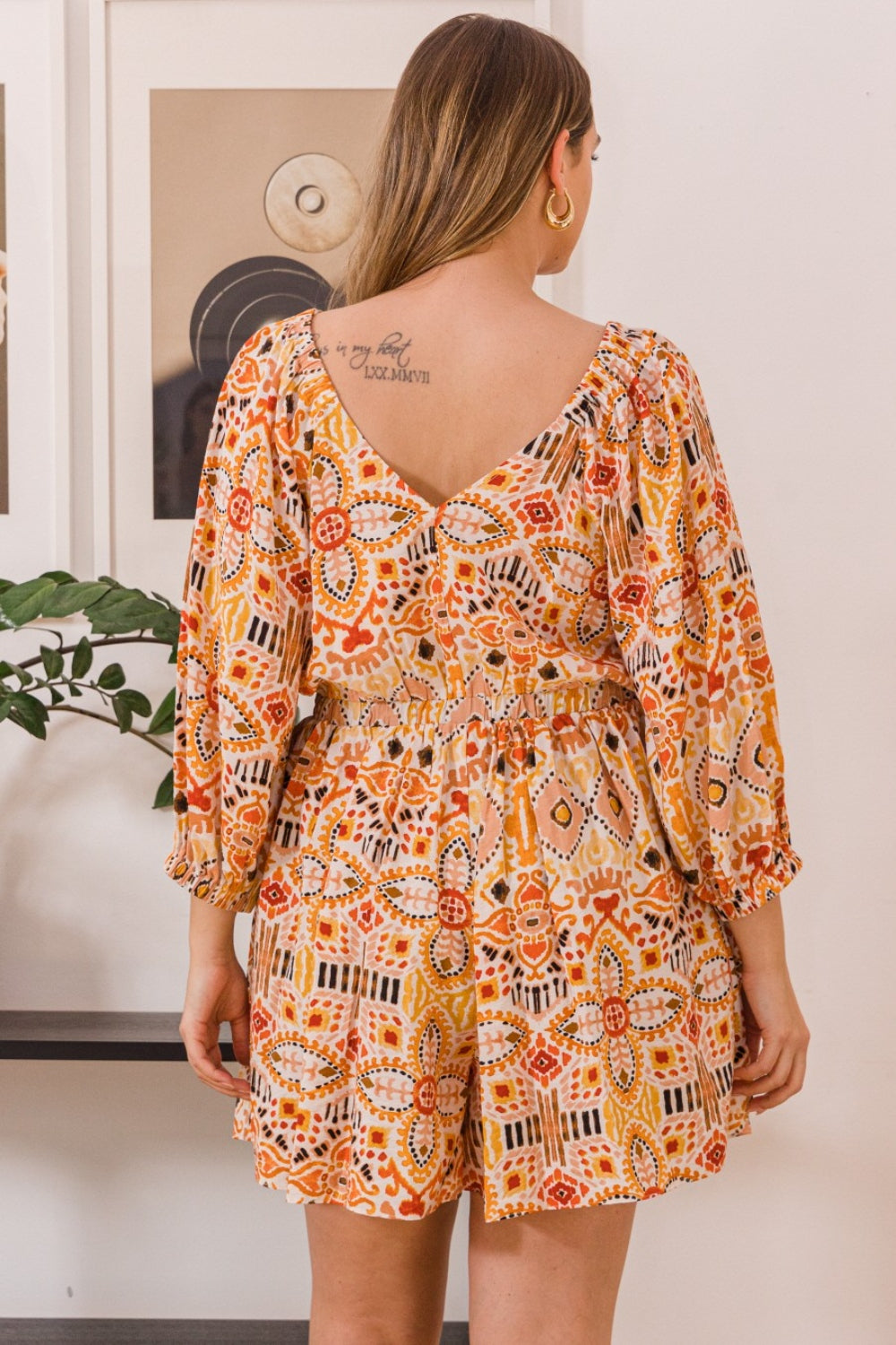 Sunset and Swim  Plus Size Printed Ruff Sleeve Romper with Pockets Sunset and Swim   