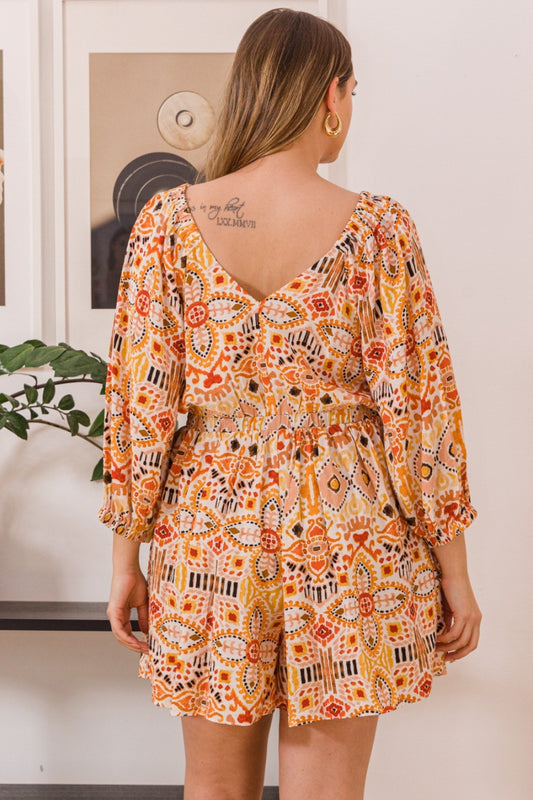 Sunset and Swim  Plus Size Printed Ruff Sleeve Romper with Pockets  Sunset and Swim   