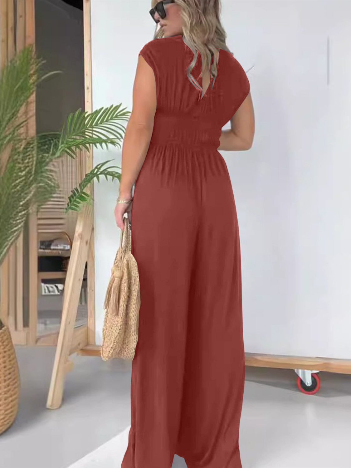 Smocked Cap Sleeve Wide Leg Jumpsuit Sunset and Swim   