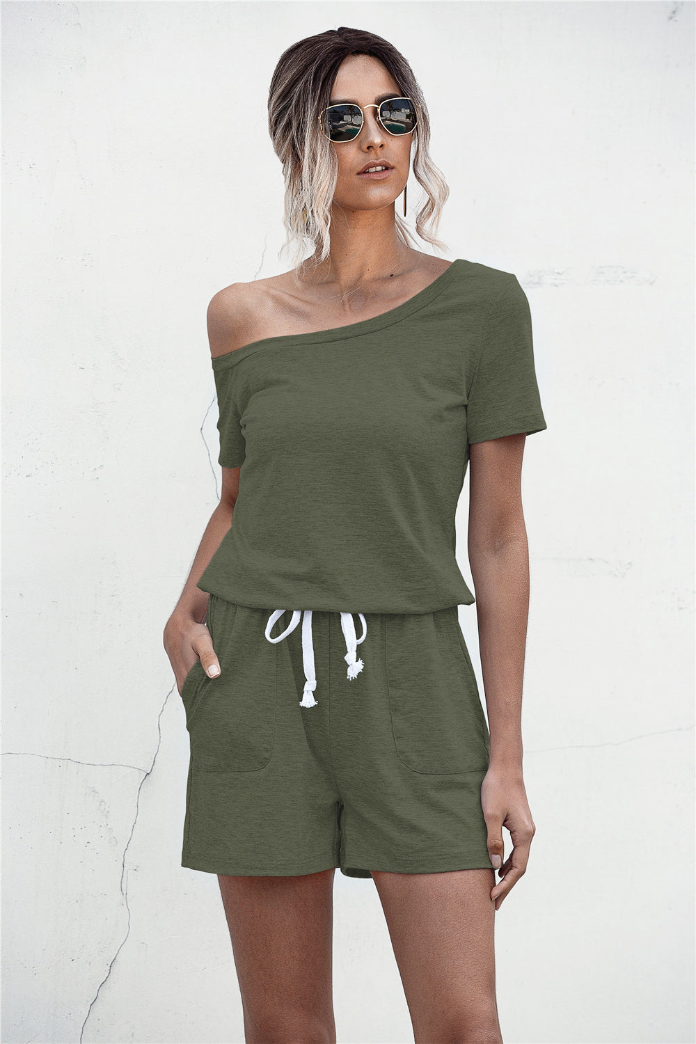 Sunset and Swim One Shoulder Tie Waist Romper Sunset and Swim Army Green S 