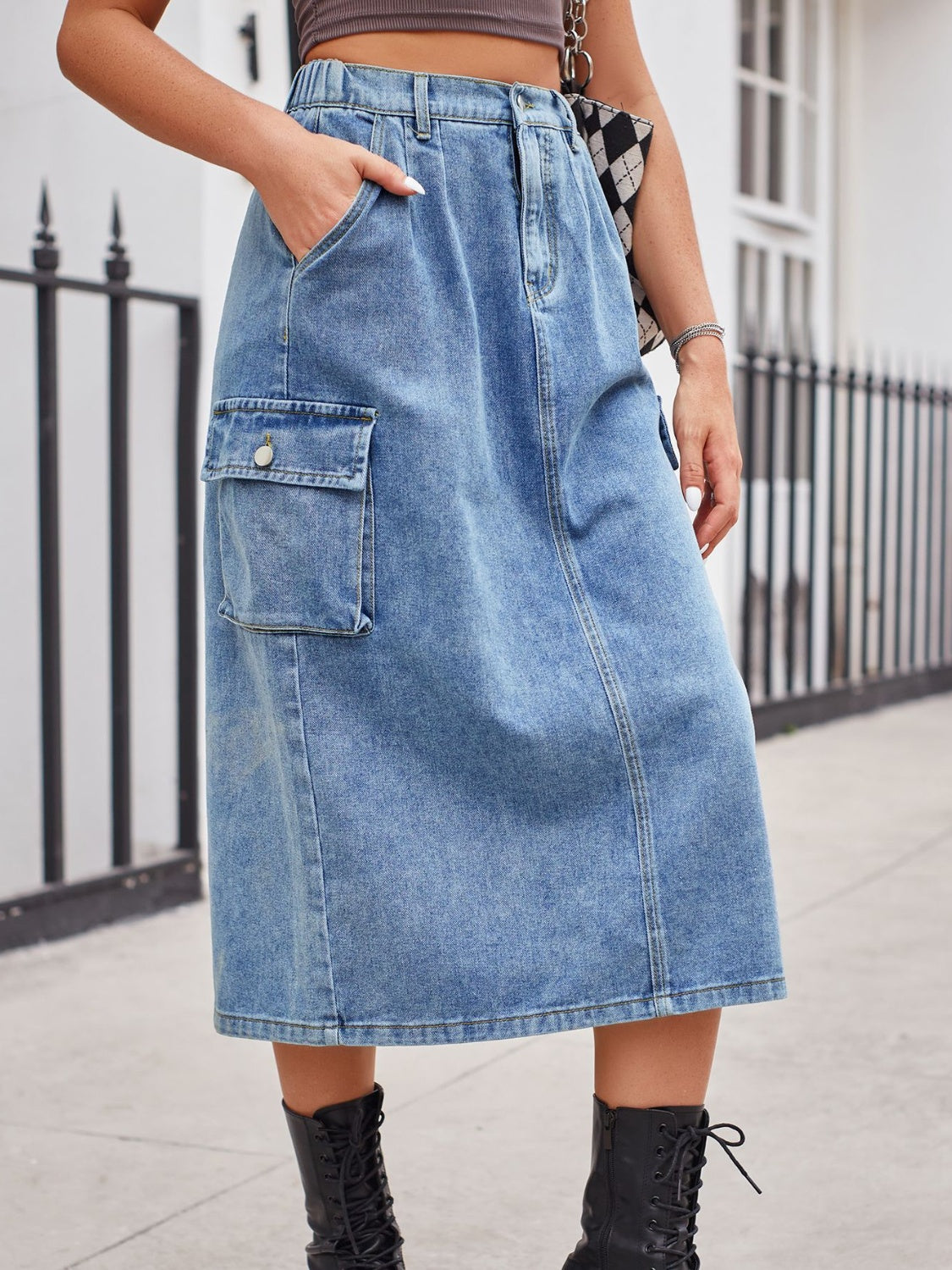 Slit Buttoned Denim Skirt with Pockets Sunset and Swim   