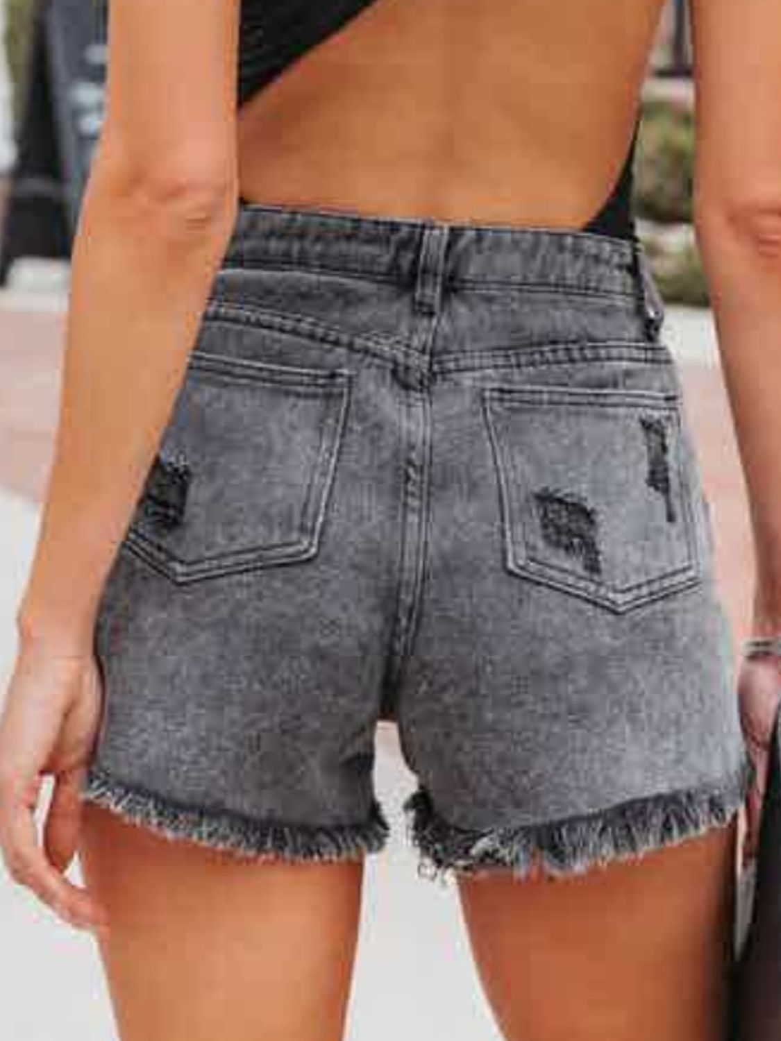 Distressed Fringe Denim Shorts with Pockets Sunset and Swim   