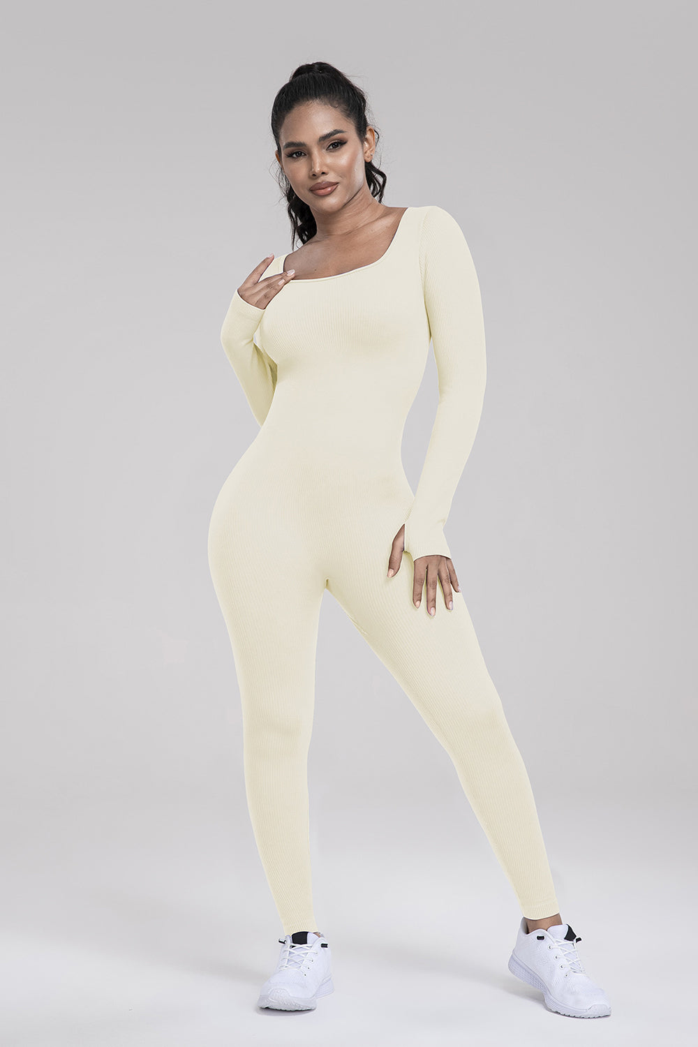 Square Neck Long Sleeve Active Jumpsuit Sunset and Swim Ivory S 