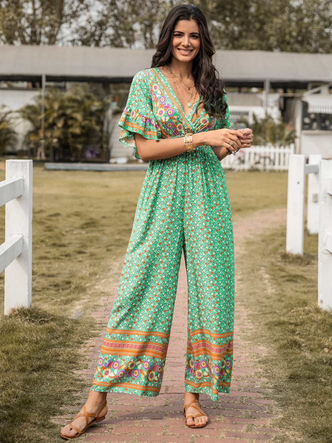 Floral Surplice Flutter Sleeve Jumpsuit Sunset and Swim Gum Leaf S 