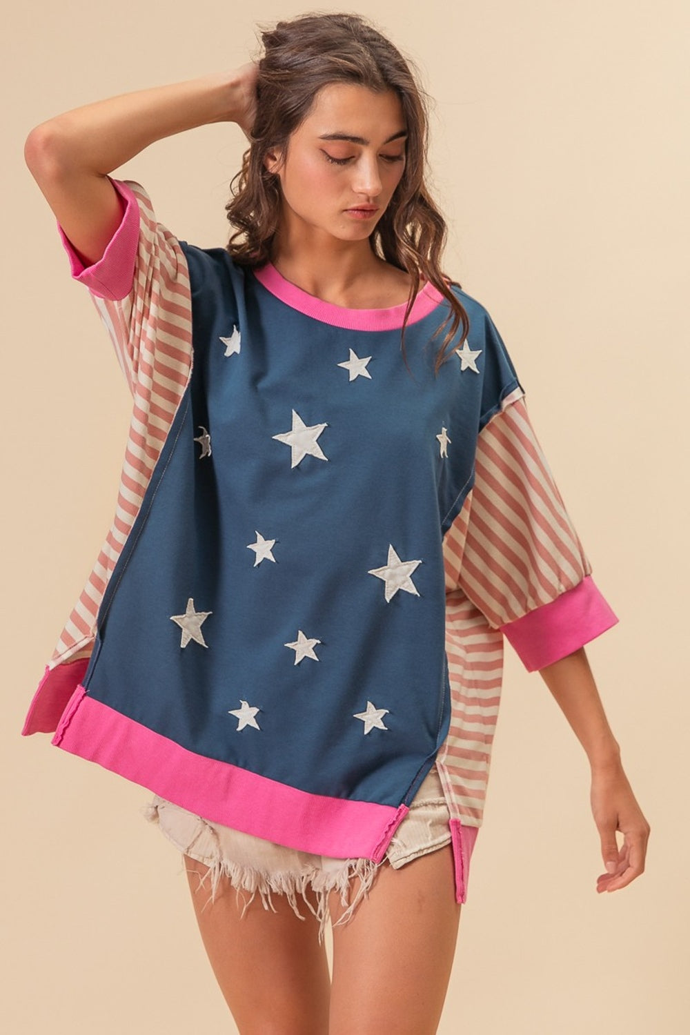 BiBi US Flag Theme Color Block Star Patch T-Shirt Sunset and Swim   