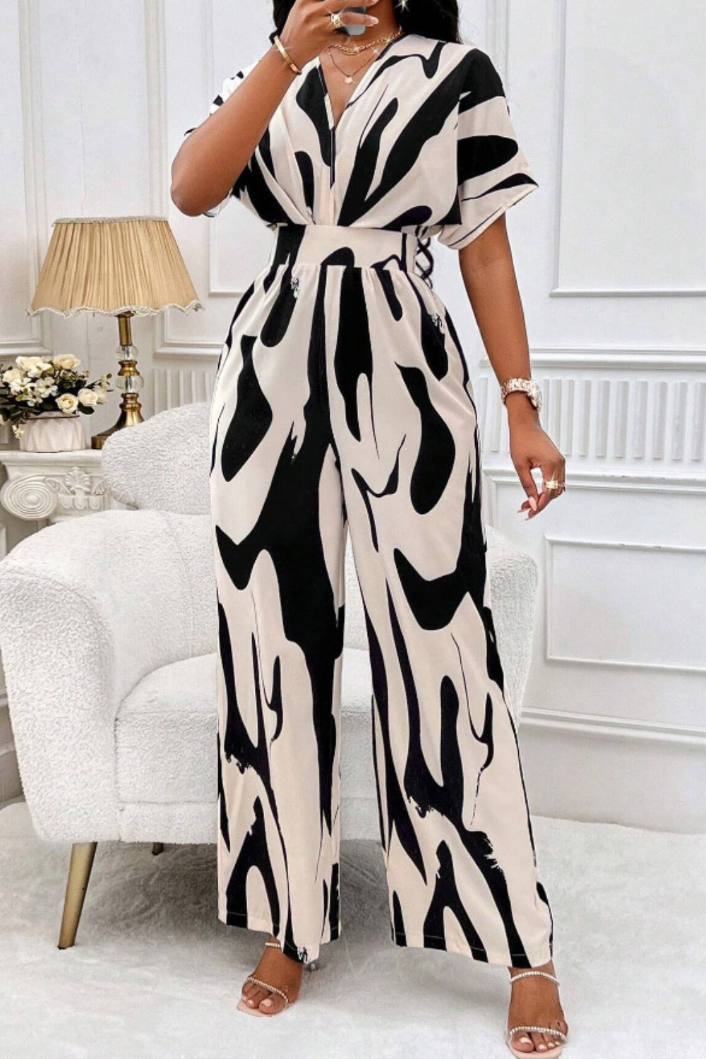 Printed V-Neck Short Sleeve Wide Leg Jumpsuit Sunset and Swim   