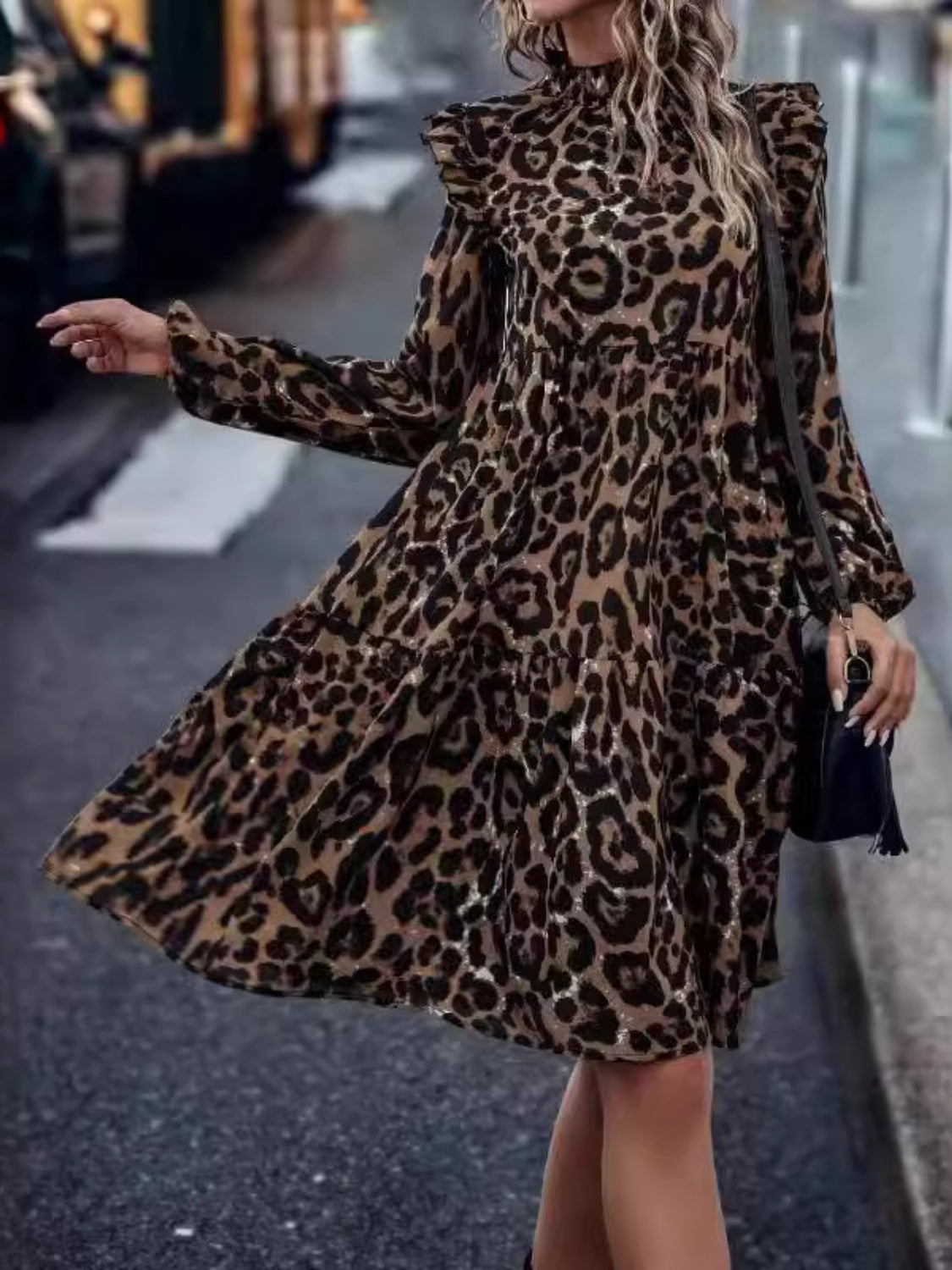 Sunset Vacation Ruffled Leopard Mock Neck Long Sleeve Mini Dress Sunset and Swim   