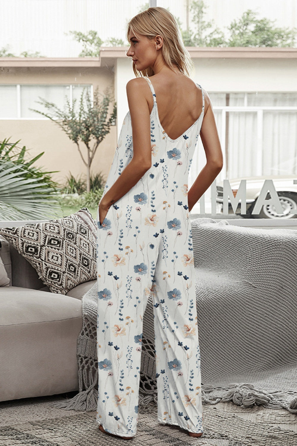 Printed Spaghetti Strap Jumpsuit Sunset and Swim   