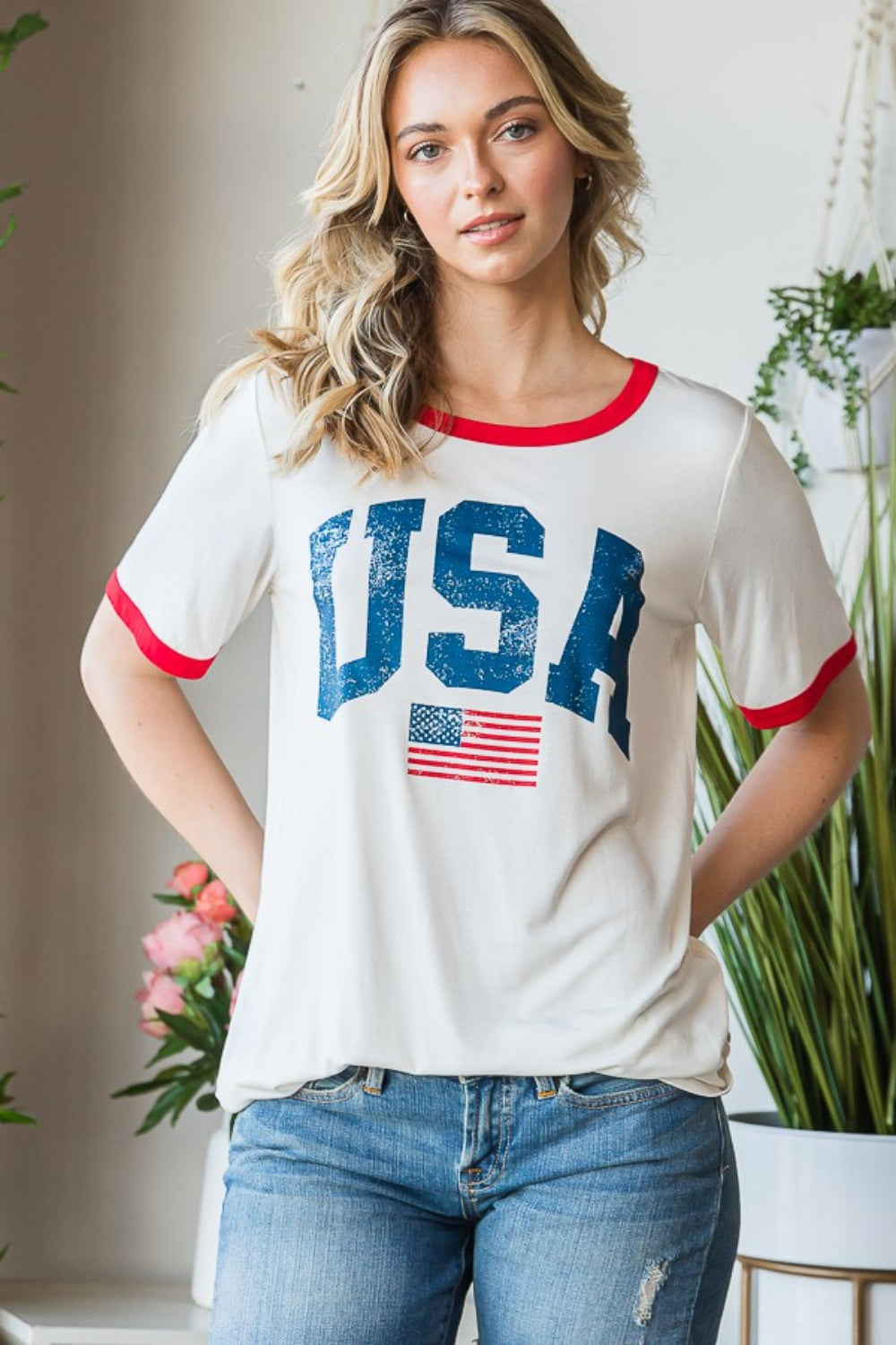 Plus Size USA Contrast Trim Short Sleeve T-Shirt Sunset and Swim   