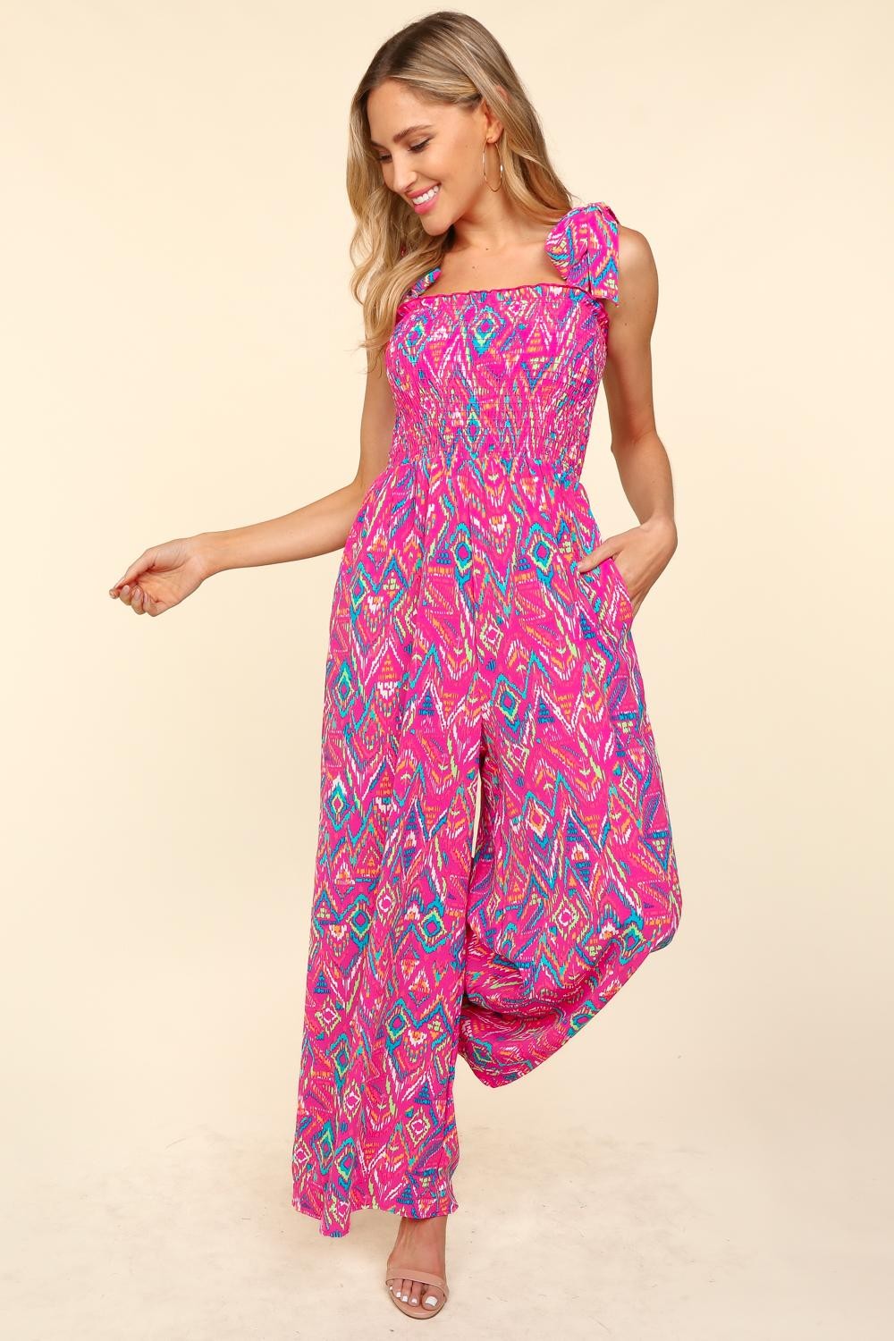 Haptics Printed Smocked Sleeveless Jumpsuit Sunset and Swim   