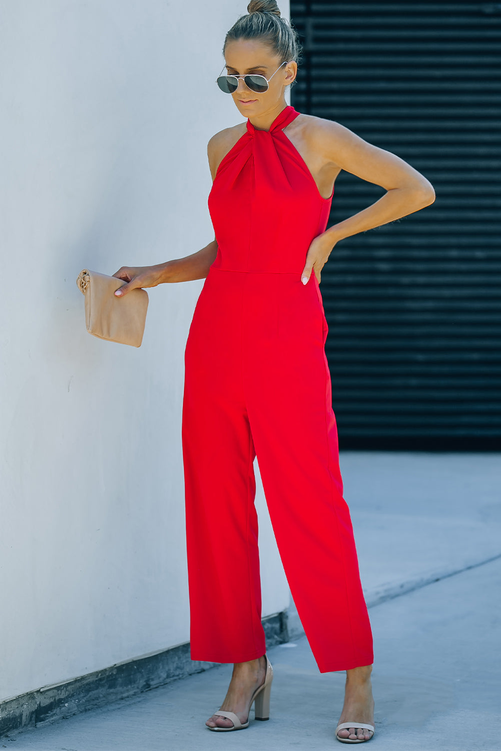 Twisted Grecian Neck Wide Leg Jumpsuit Sunset and Swim   