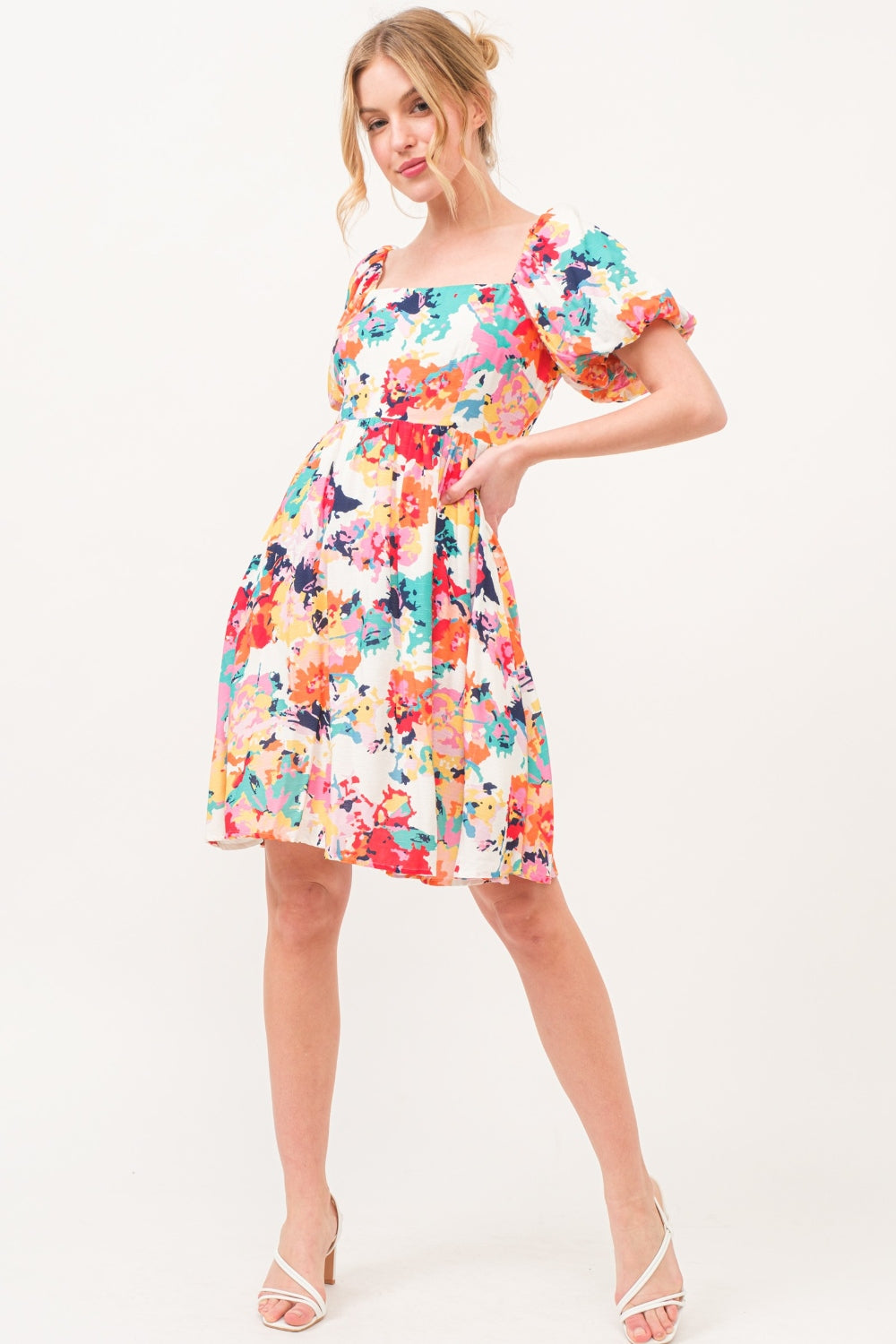 And The Why Square Neck Puff Sleeve Floral Dress Sunset and Swim   