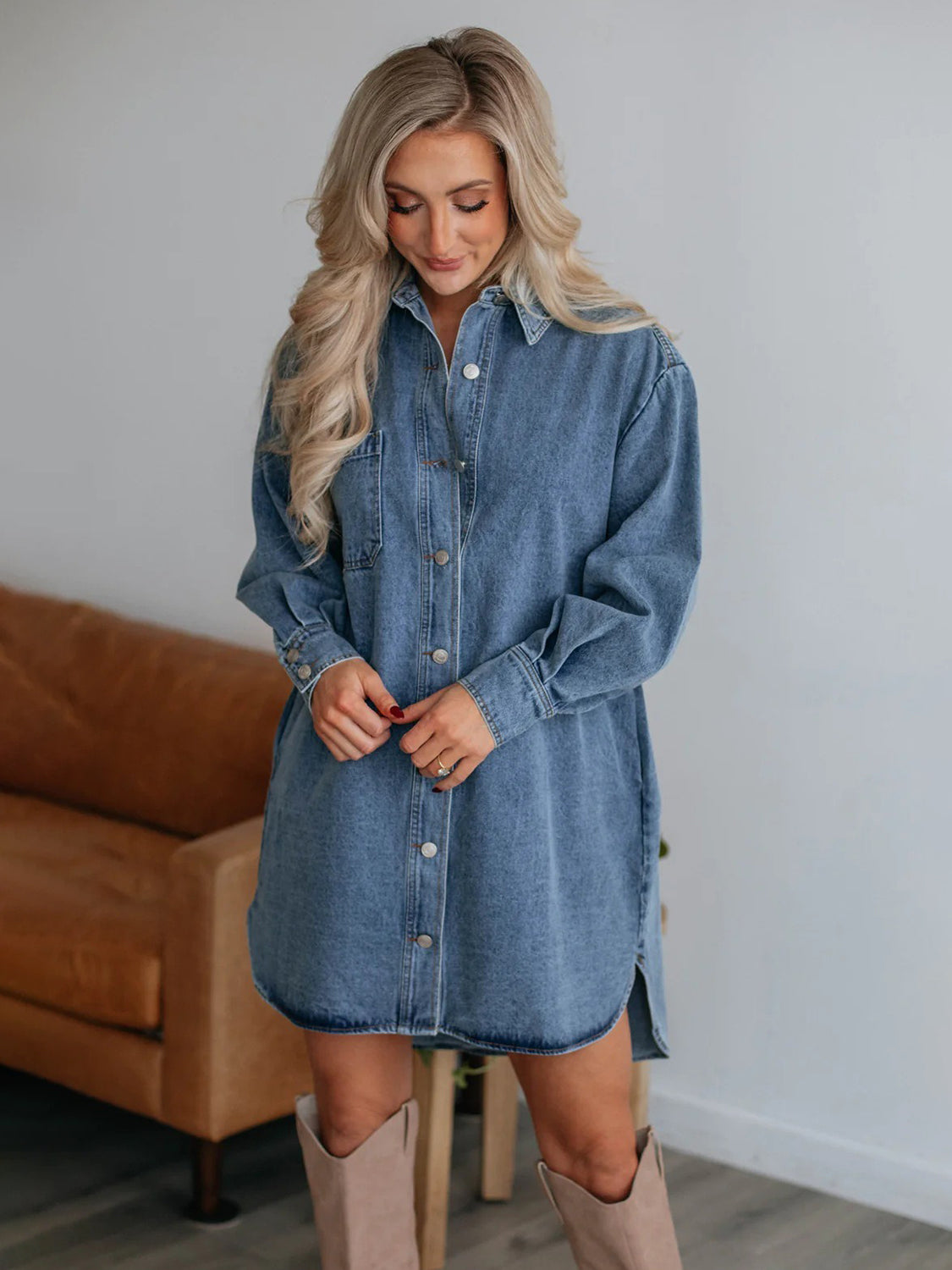 Button Up Collared Neck Long Sleeve Denim Dress Sunset and Swim   