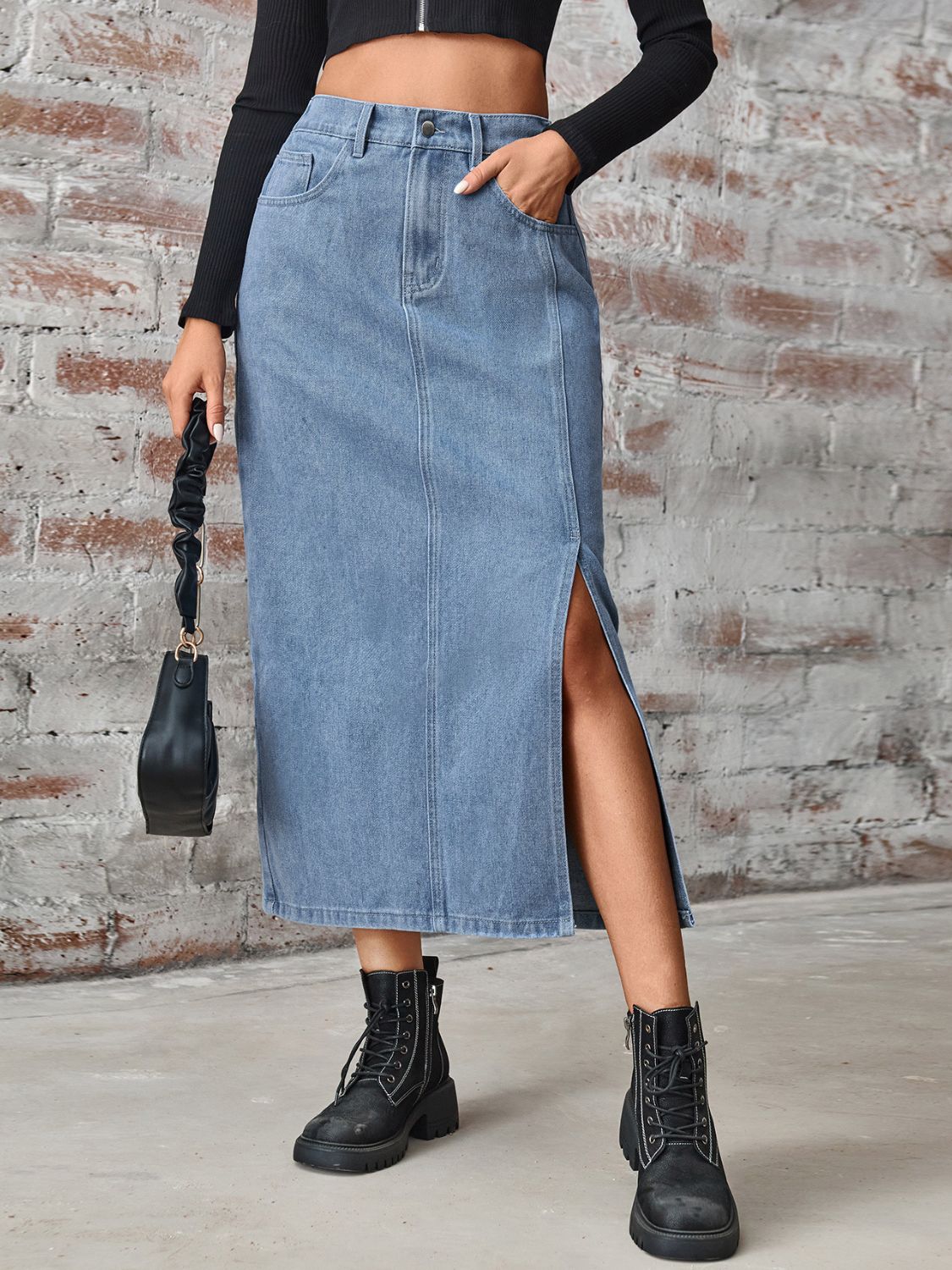 Slit High Waist Denim Skirt with Pockets Sunset and Swim Dusty Blue S 