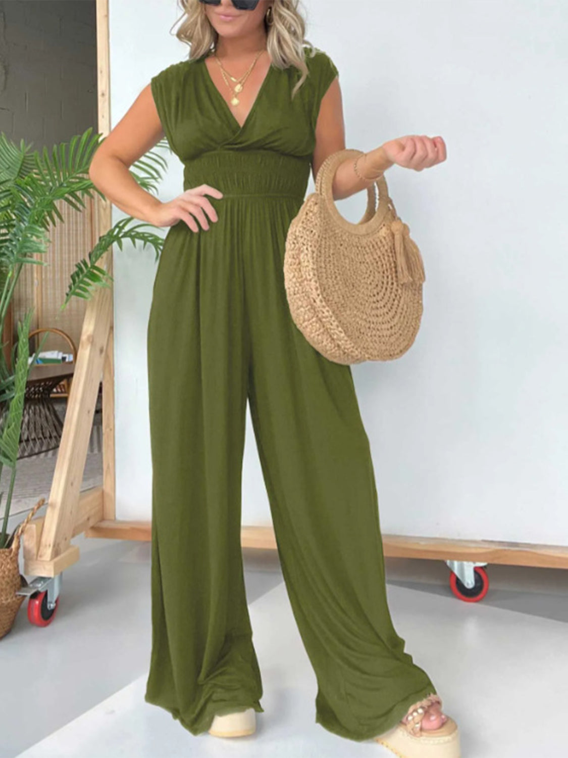 Smocked Cap Sleeve Wide Leg Jumpsuit Sunset and Swim   