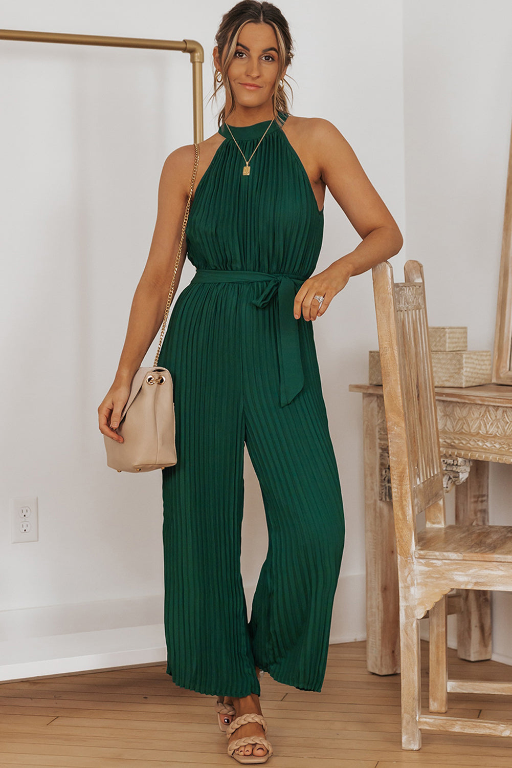 Accordion Pleated Belted Grecian Neck Sleeveless Jumpsuit Sunset and Swim Green S 