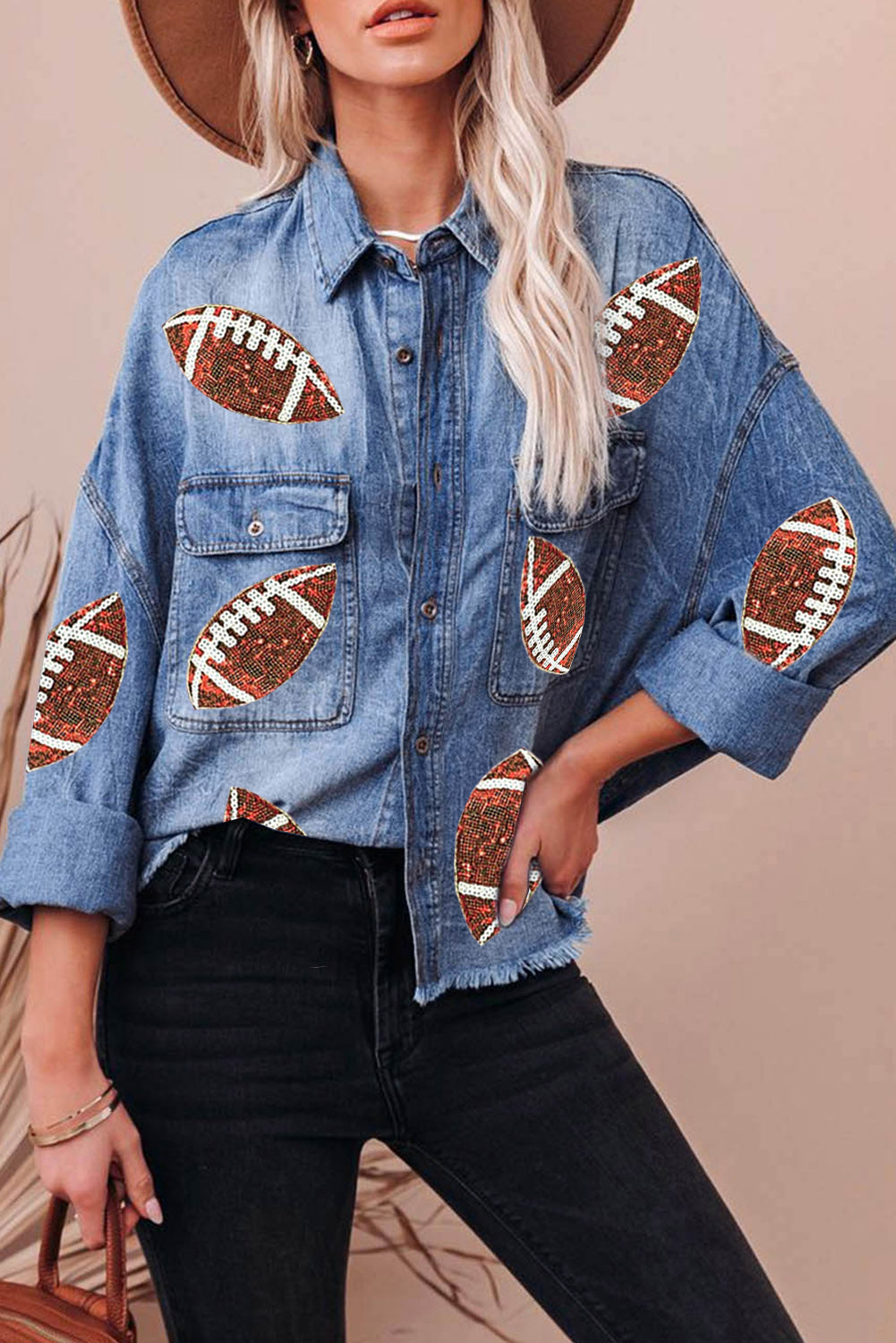 Raw Hem Sequin Football Long Sleeve Denim Jacket Sunset and Swim Medium S 