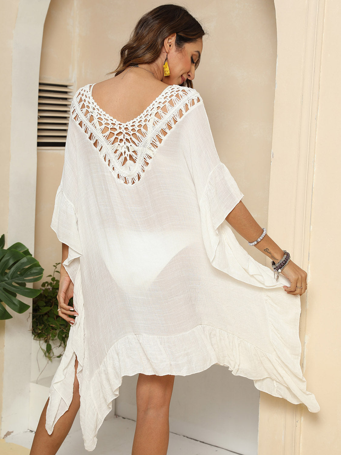 Sunset Vacation  Cutout Ruffled Half Sleeve Beach Cover Up Sunset and Swim   