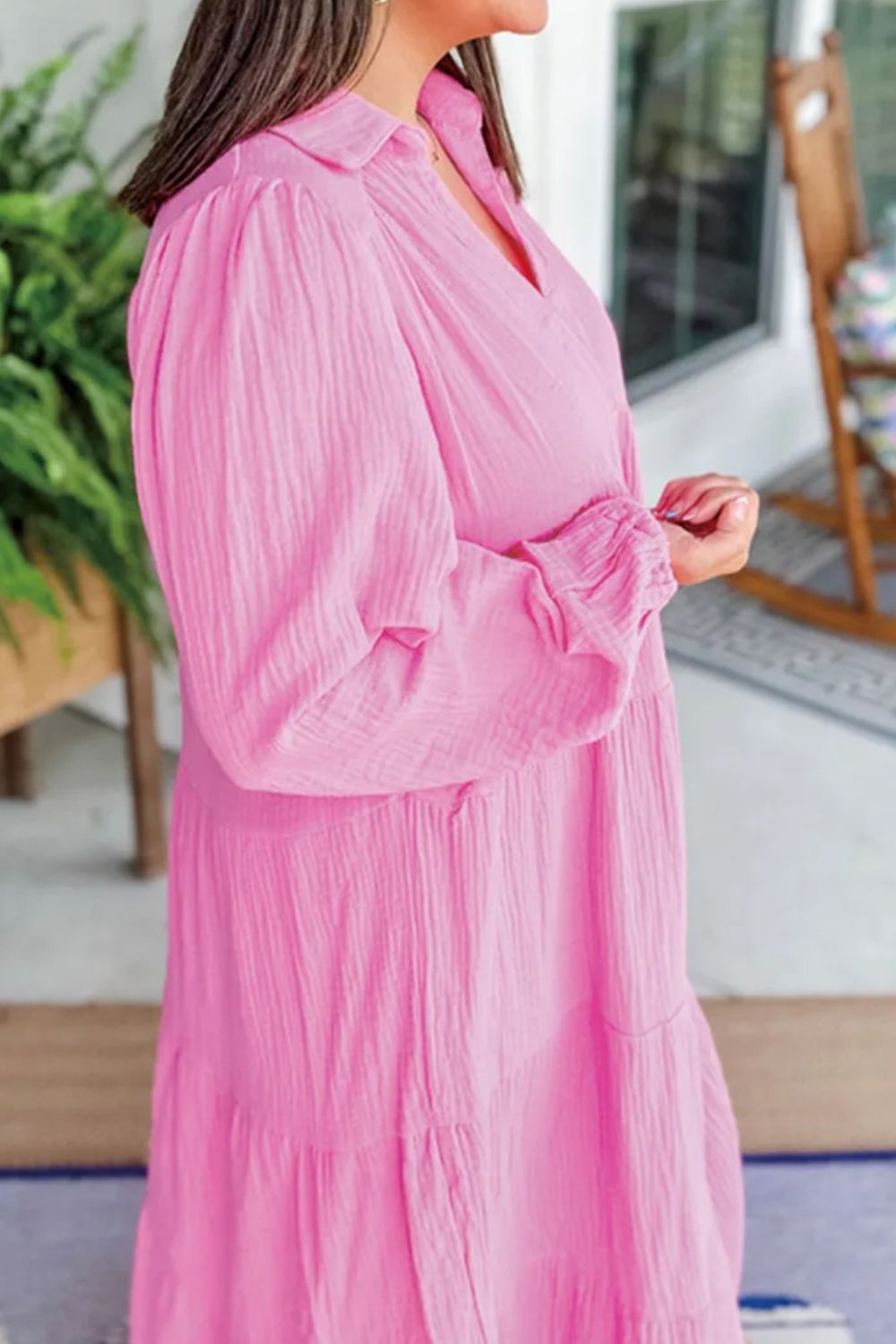 Tiered Johnny Collar Long Sleeve Dress Sunset and Swim   