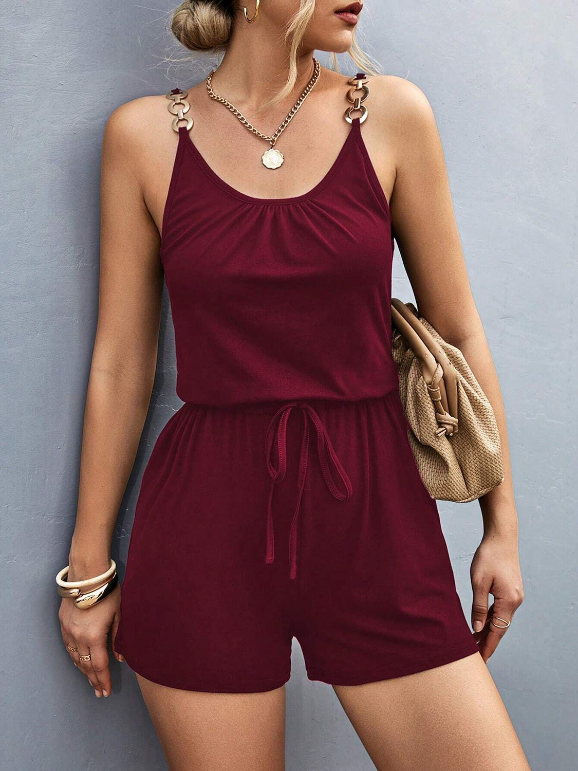 Pocketed Buckle Trim Scoop Neck Romper Sunset and Swim Burgundy S 